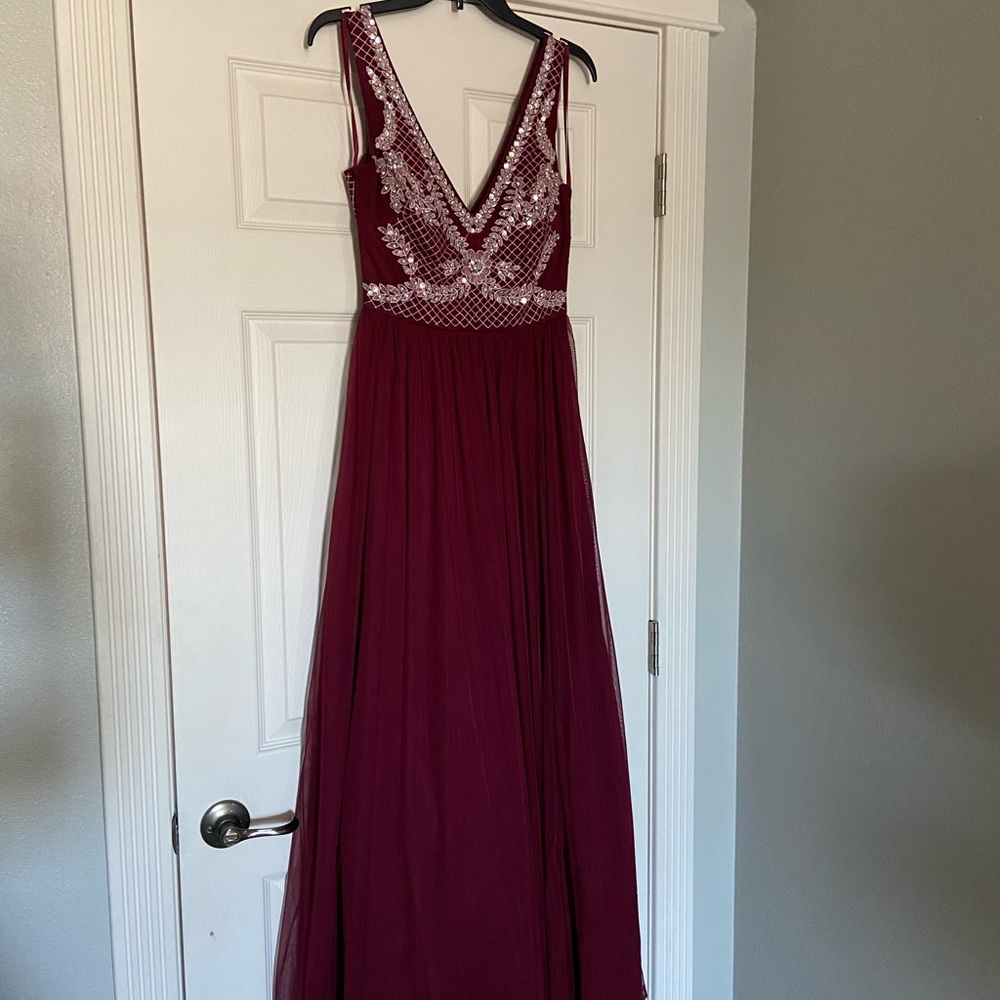Maroon Beaded V-Neck Prom Dress